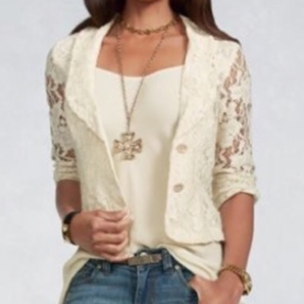 CAbi cream jacket blazer lace sleeves button front closure